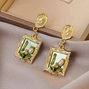 Vintage Style Monet Garden Pearl Flower Earrings – French Art Frame Design